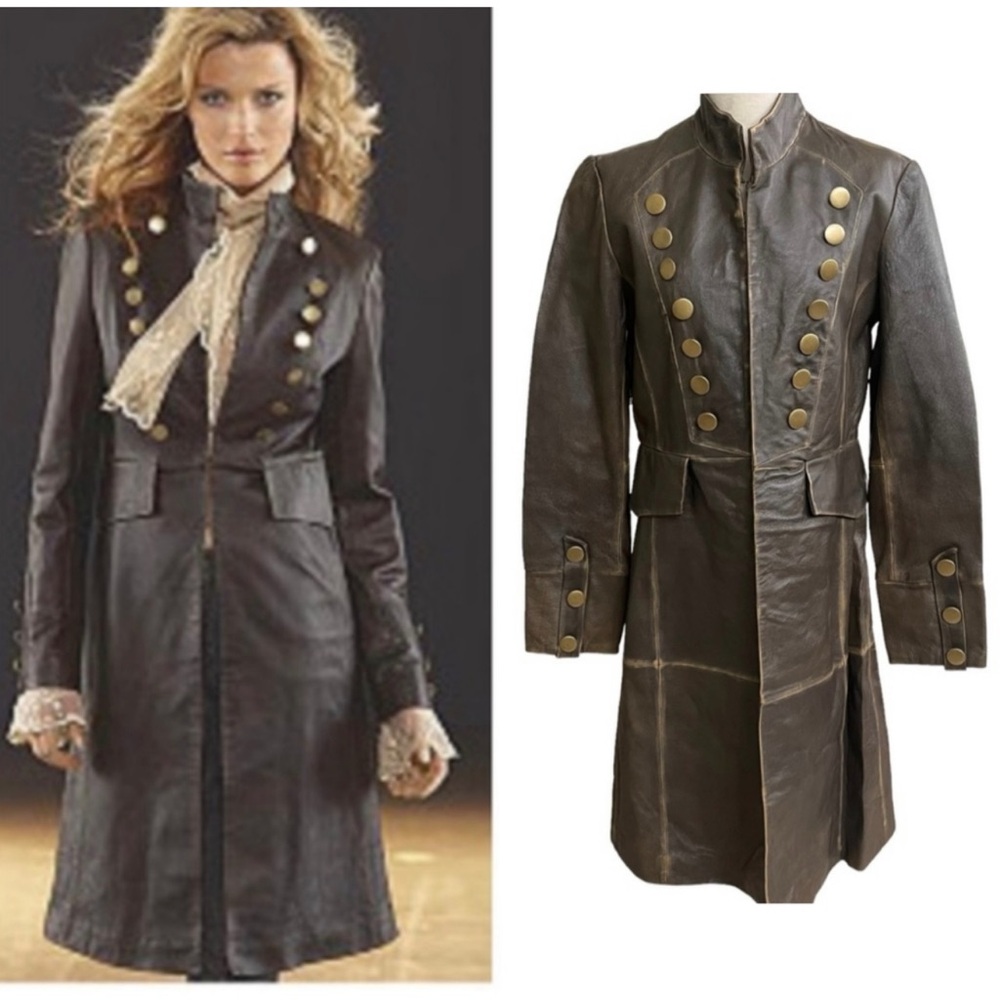 Vintage Newport News Distressed Leather Military Trench Coat Jacket 10 M